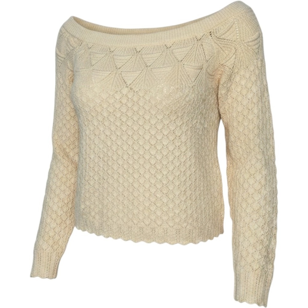 Hollister Sweater Women XL Yellow Off The Shoulder Pointelle Knit Scallop Boho